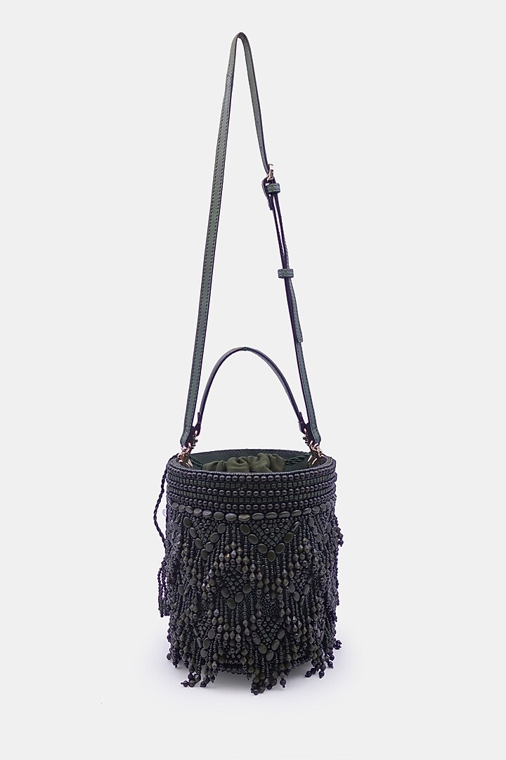 Olive Satin & Leather Embellished Bucket Bag by Versuhz at Pernia's Pop Up Shop