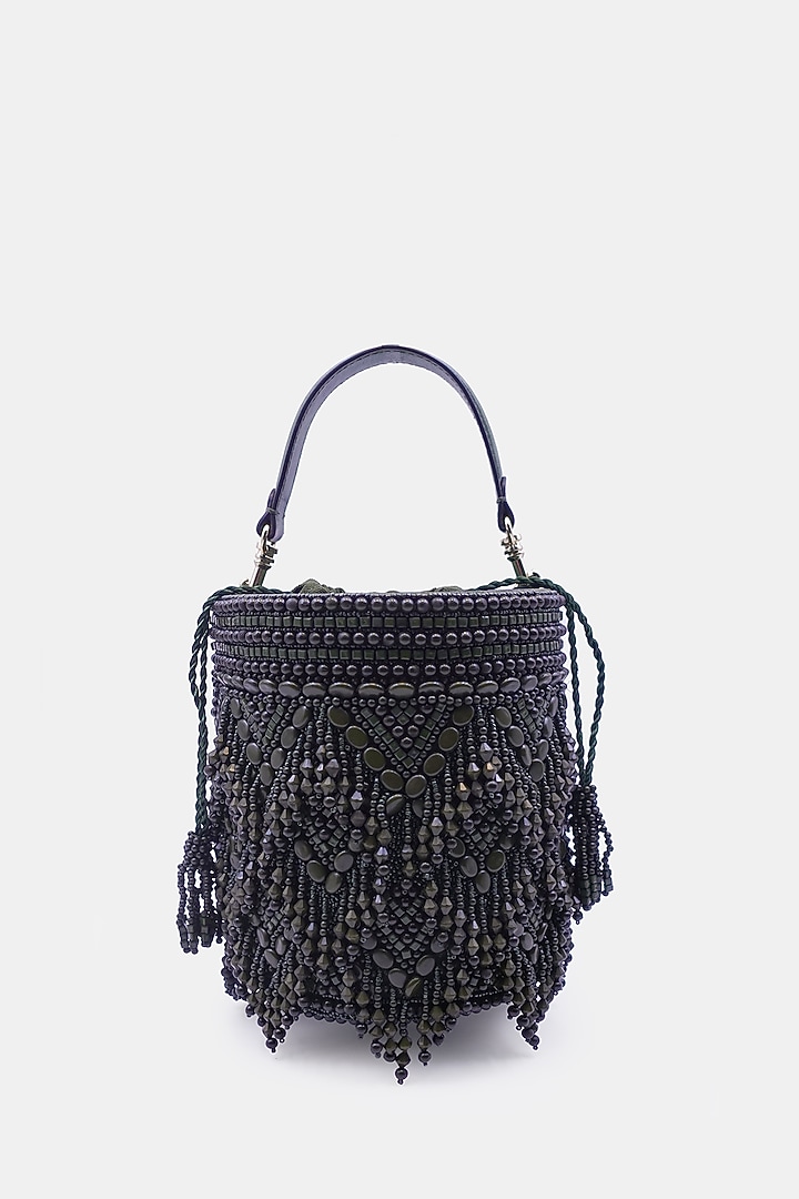 Olive Satin & Leather Embellished Bucket Bag by Versuhz at Pernia's Pop Up Shop