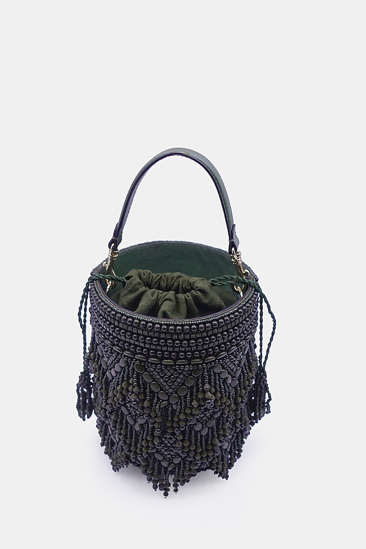 Olive Satin & Leather Embellished Bucket Bag by Versuhz at Pernia's Pop Up Shop