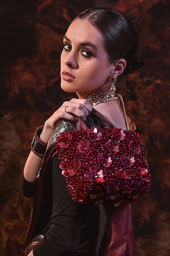 Burgundy Satin & Leather Embellished Mini Tote Bag by Versuhz at Pernia's Pop Up Shop