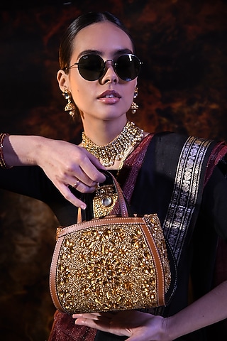 Gold Satin & Leather Embellished Mini Tote Bag by Versuhz