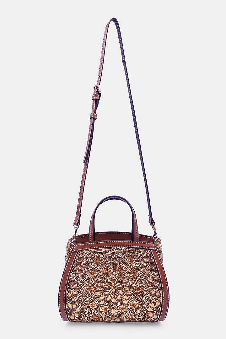 Gold Satin & Leather Embellished Mini Tote Bag by Versuhz at Pernia's Pop Up Shop