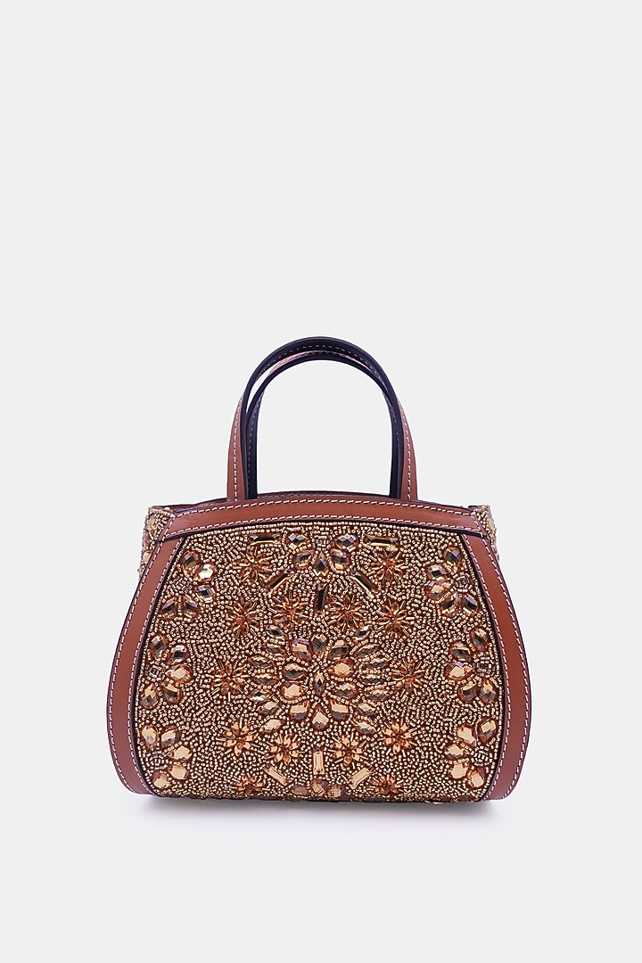 Gold Satin & Leather Embellished Mini Tote Bag by Versuhz at Pernia's Pop Up Shop