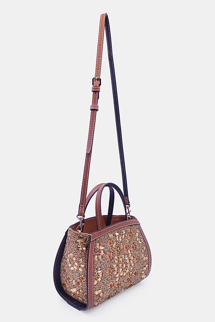 Gold Satin & Leather Embellished Mini Tote Bag by Versuhz at Pernia's Pop Up Shop