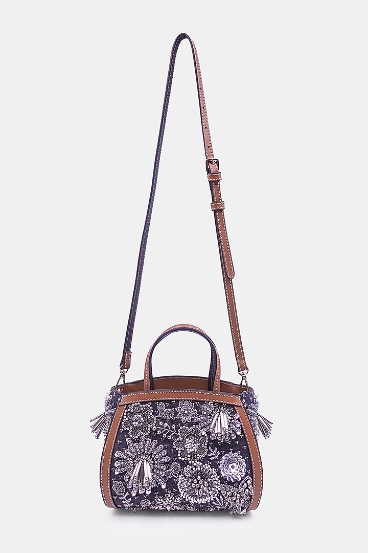 Navy Satin & Leather Embellished Mini Tote Bag by Versuhz at Pernia's Pop Up Shop