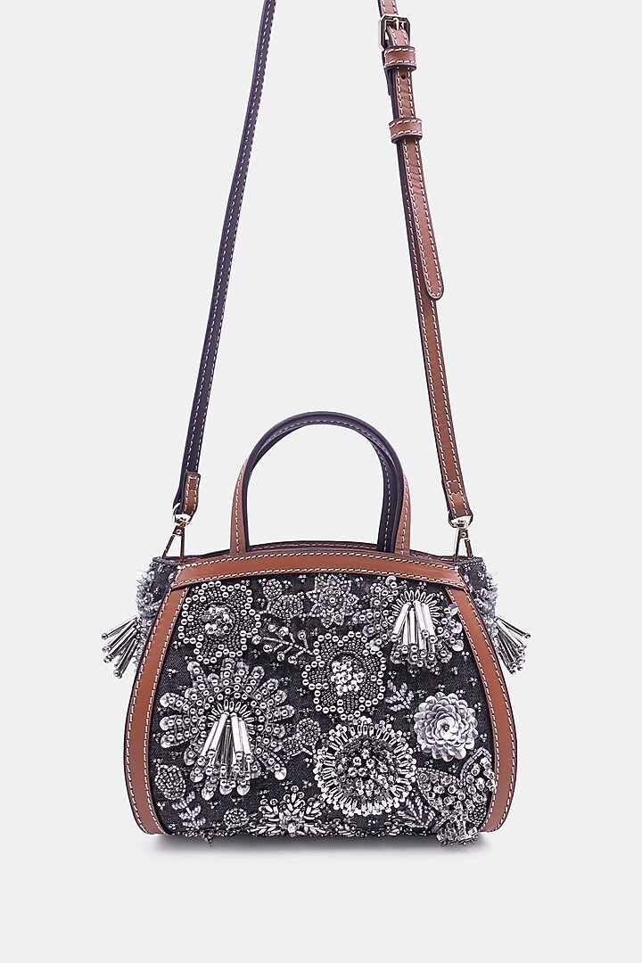 Navy Satin & Leather Embellished Mini Tote Bag by Versuhz at Pernia's Pop Up Shop