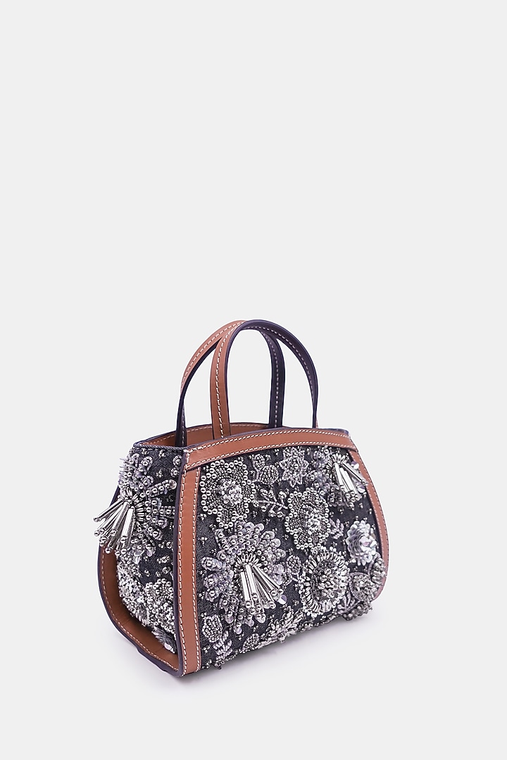 Navy Satin & Leather Embellished Mini Tote Bag by Versuhz at Pernia's Pop Up Shop