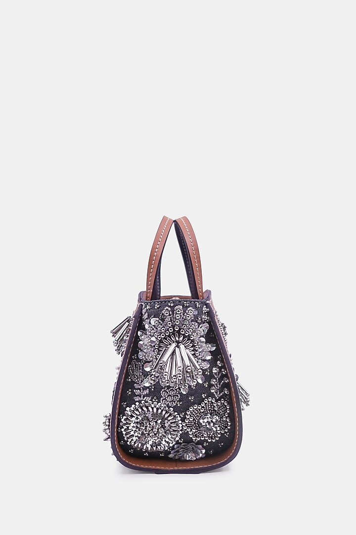 Navy Satin & Leather Embellished Mini Tote Bag by Versuhz at Pernia's Pop Up Shop