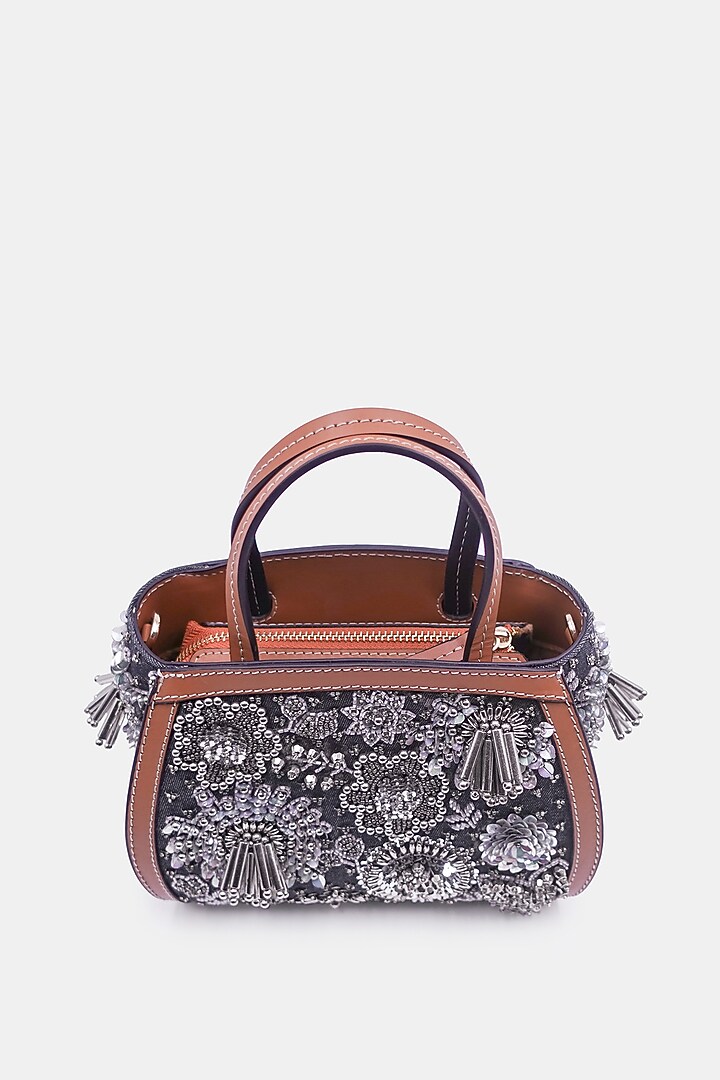 Navy Satin & Leather Embellished Mini Tote Bag by Versuhz at Pernia's Pop Up Shop
