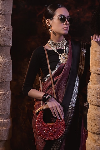 Maroon Satin & Leather Embellished Sling Bag by Versuhz