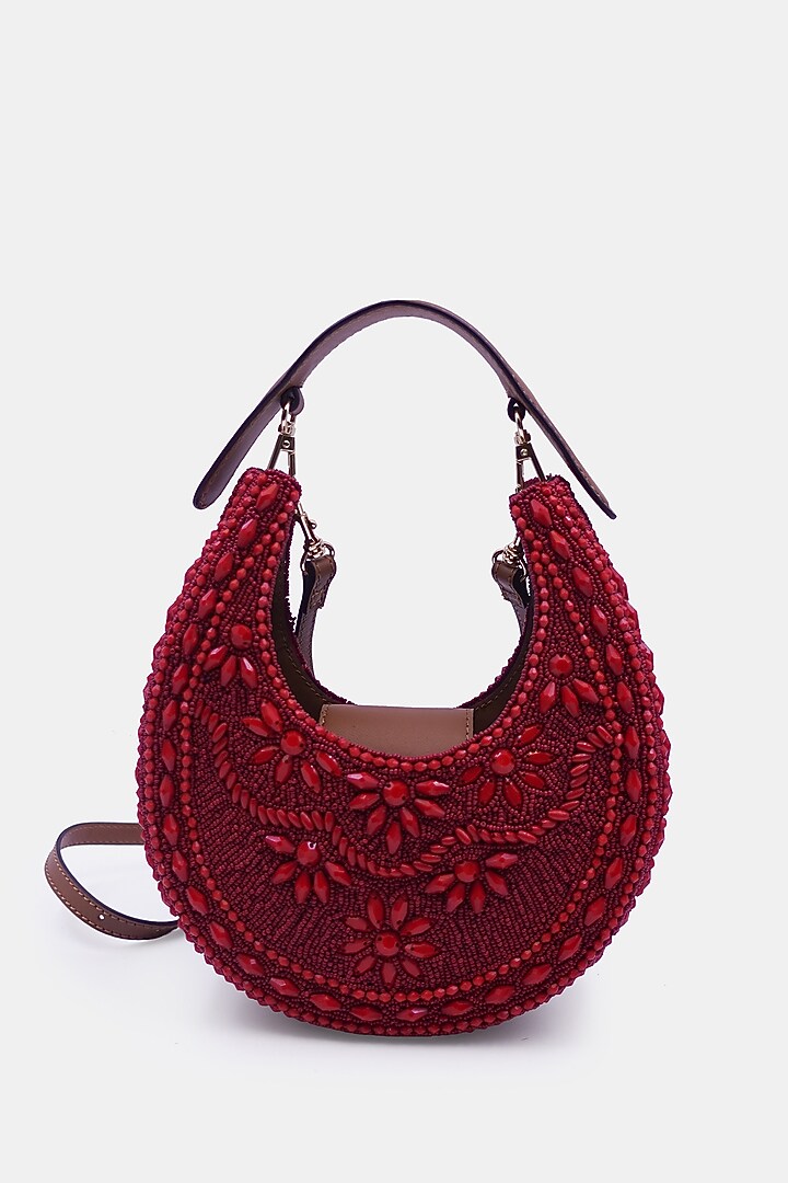 Maroon Satin & Leather Embellished Sling Bag by Versuhz at Pernia's Pop Up Shop