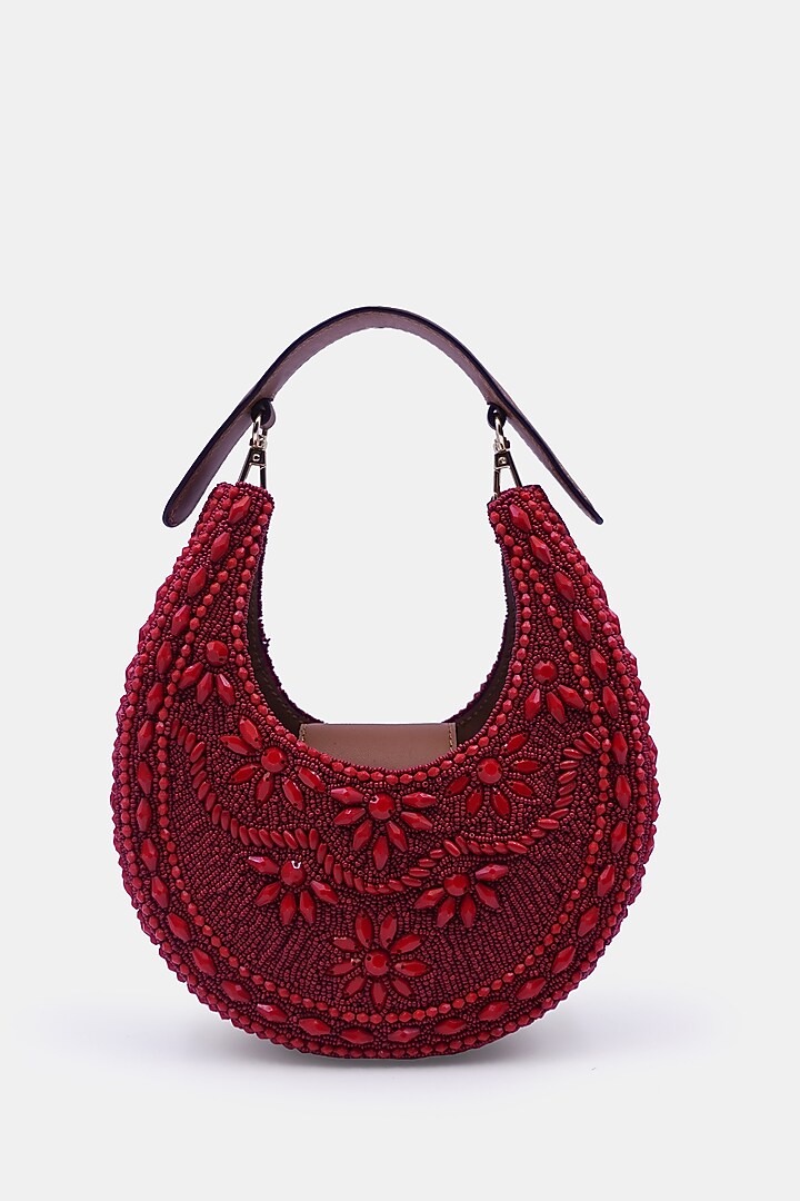 Maroon Satin & Leather Embellished Sling Bag by Versuhz at Pernia's Pop Up Shop