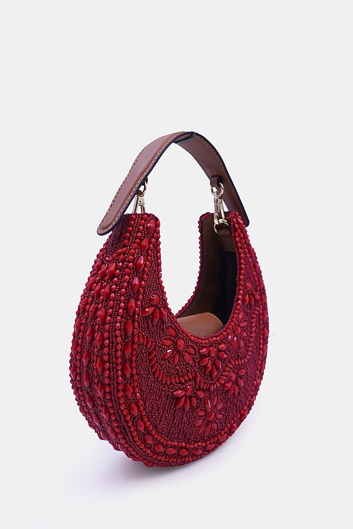 Maroon Satin & Leather Embellished Sling Bag by Versuhz at Pernia's Pop Up Shop
