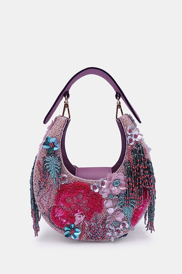 Pink Satin & Leather Embellished Sling Bag by Versuhz at Pernia's Pop Up Shop