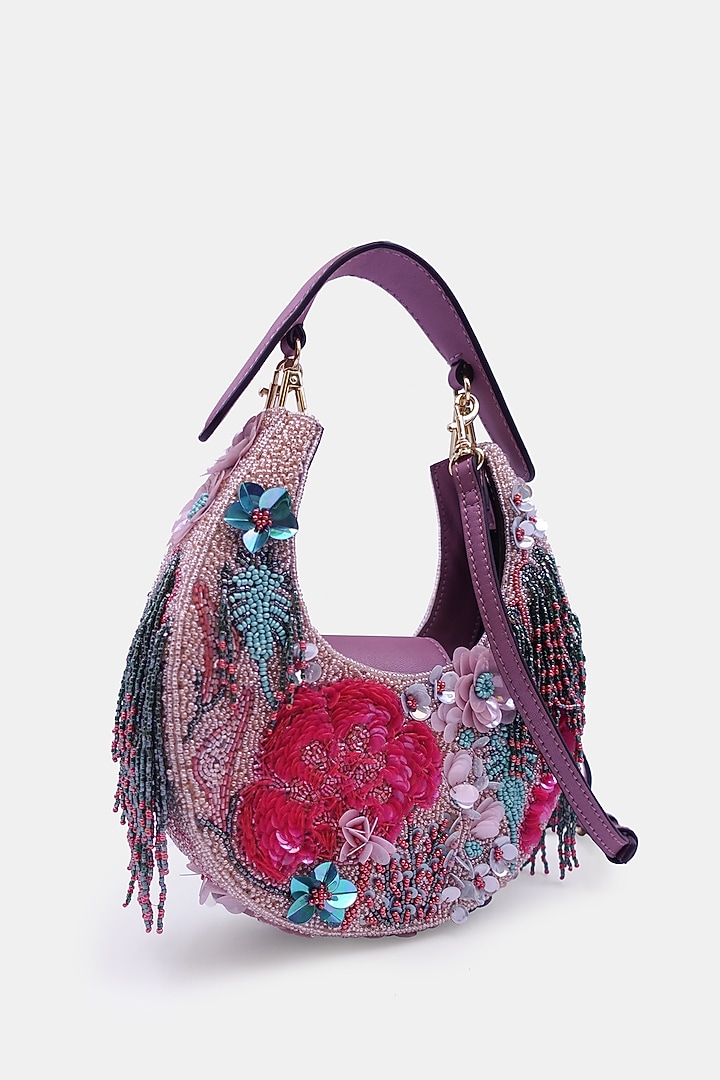Pink Satin & Leather Embellished Sling Bag by Versuhz at Pernia's Pop Up Shop