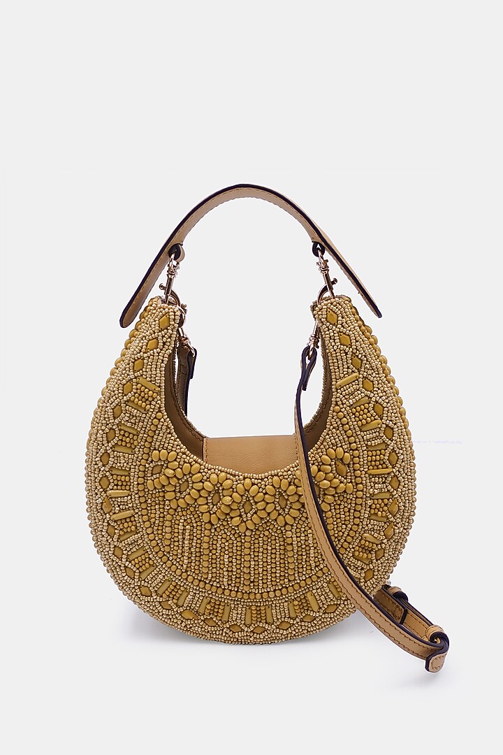 Mustard Satin Embellished Sling Bag by Versuhz at Pernia's Pop Up Shop