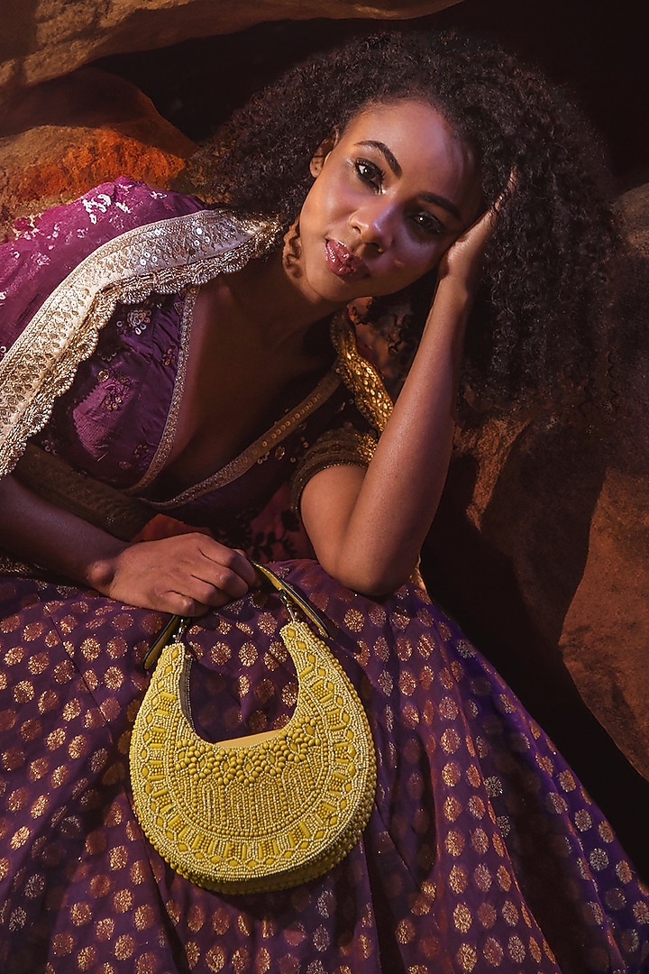 Mustard Satin Embellished Sling Bag by Versuhz at Pernia's Pop Up Shop
