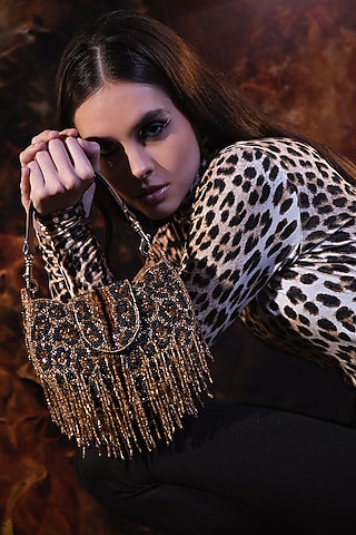 Tan & Black Satin Embellished Sling Bag by Versuhz