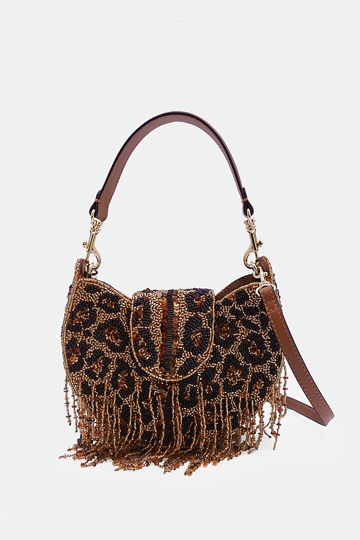 Tan & Black Satin Embellished Sling Bag by Versuhz at Pernia's Pop Up Shop