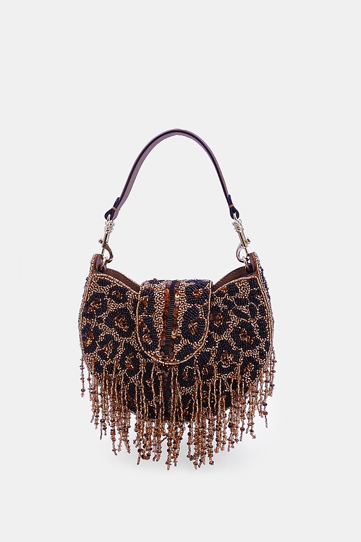 Tan & Black Satin Embellished Sling Bag by Versuhz at Pernia's Pop Up Shop
