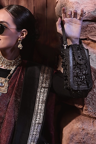 Black Satin Embellished Waist Bag by Versuhz