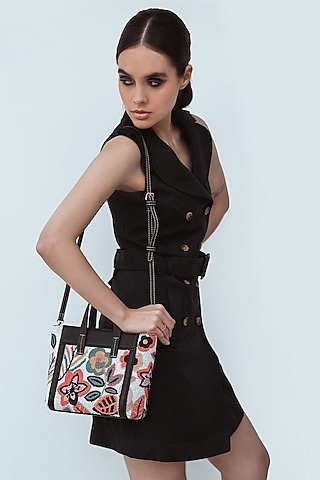Black Cotton Embellished Mini Tote Bag by Versuhz