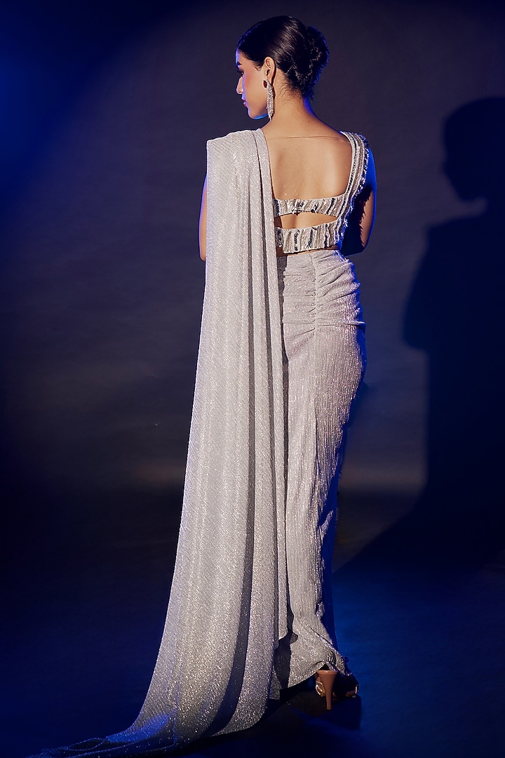 Silver Shimmer Pleated Lycra Pre-Draped Wedding Saree Set by Vesture at Pernia's Pop Up Shop