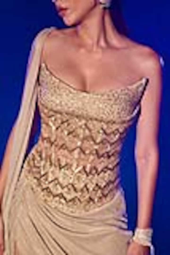 Golden Shimmer Pleated Lycra Draped Skirt Set by Vesture at Pernia's Pop Up Shop