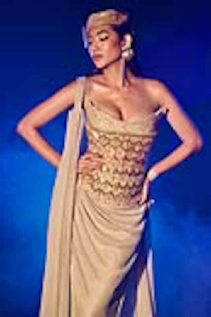Golden Shimmer Pleated Lycra Draped Skirt Set by Vesture at Pernia's Pop Up Shop