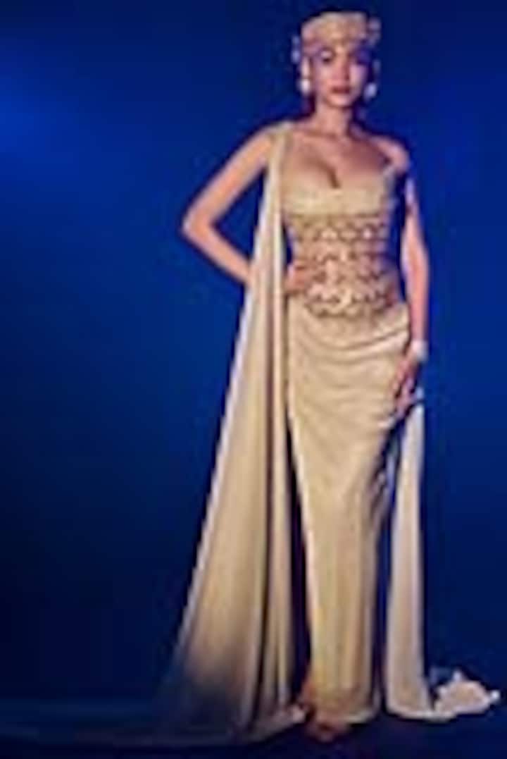Golden Shimmer Pleated Lycra Draped Skirt Set by Vesture at Pernia's Pop Up Shop