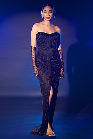 Black Shimmer Pleated Lycra Crystal Work Corset Gown by Vesture
