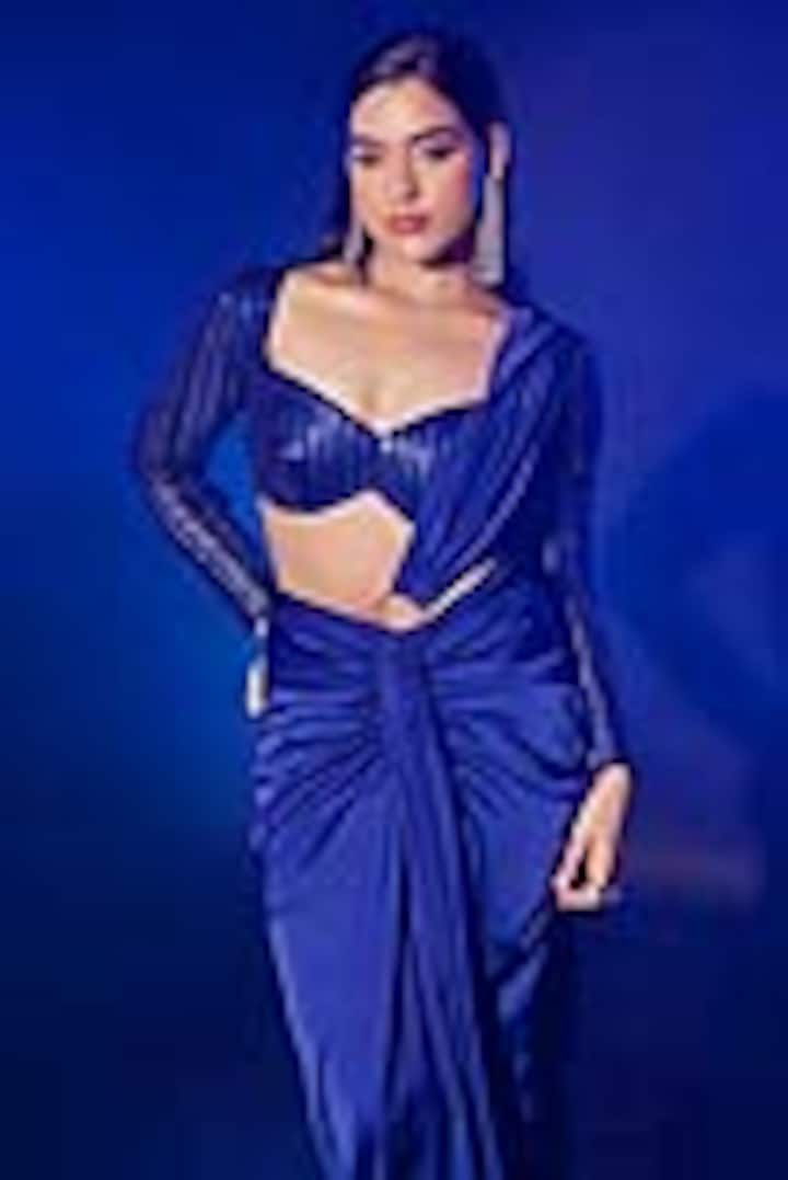Electric Blue Armani Satin Draped Party Wear Saree Set by Vesture at Pernia's Pop Up Shop