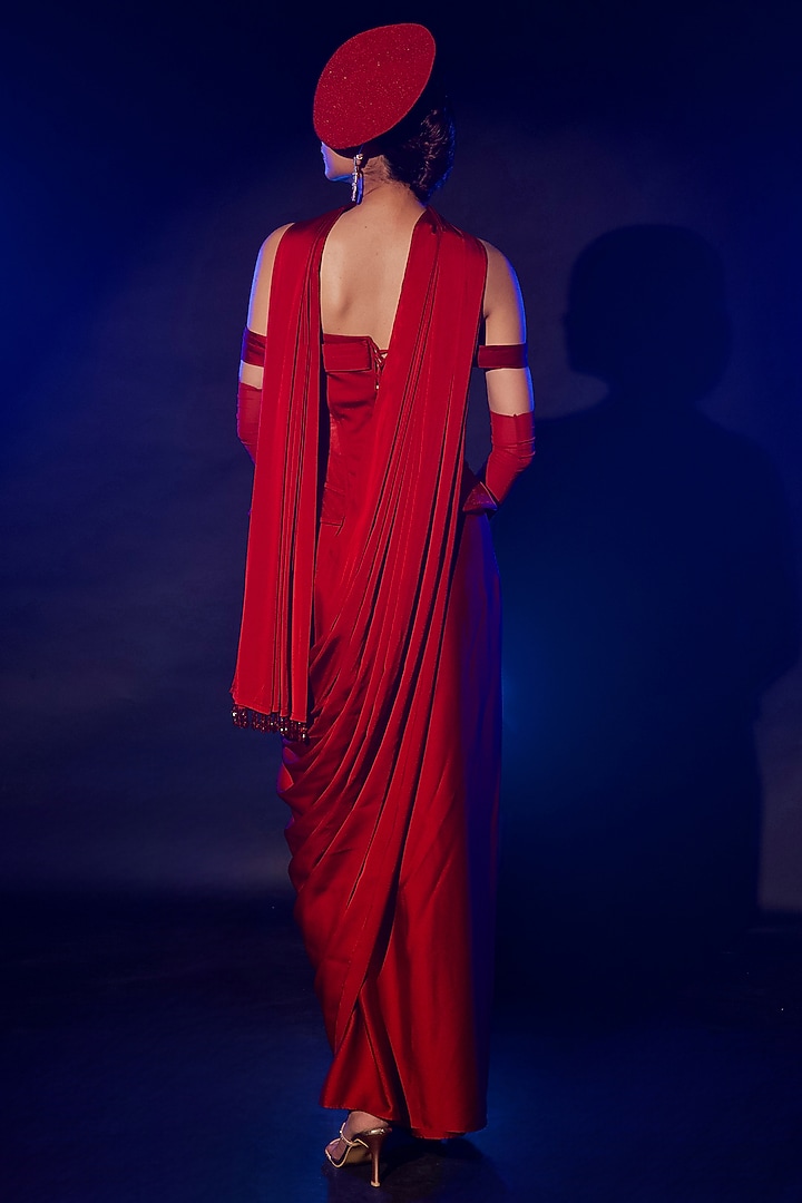 Red Armani Satin Draped Party Wear Saree Set by Vesture at Pernia's Pop Up Shop