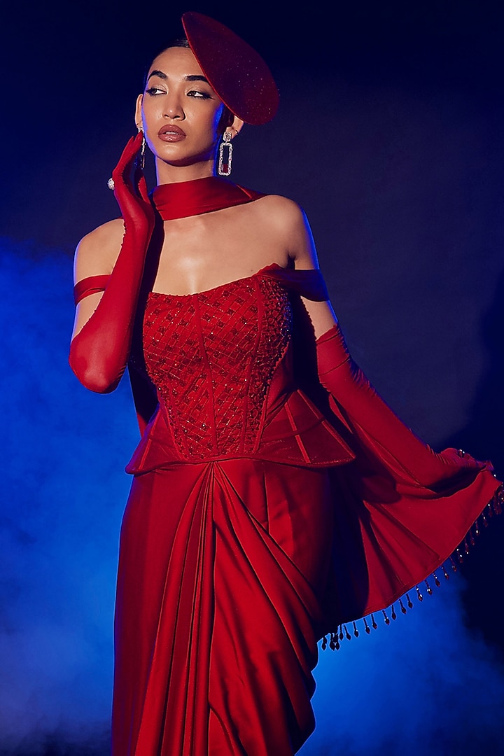 Red Armani Satin Draped Party Wear Saree Set by Vesture at Pernia's Pop Up Shop