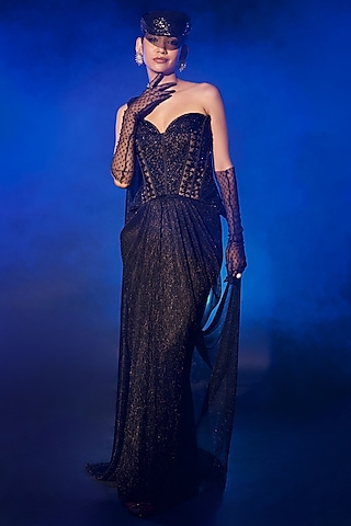 Black Shimmer Pleated Lycra Draped Skirt Set by Vesture