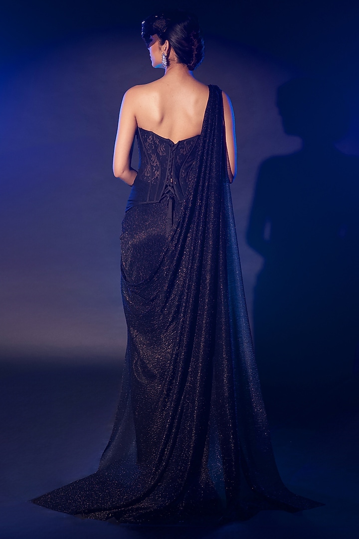 Black Shimmer Pleated Lycra Draped Skirt Set by Vesture at Pernia's Pop Up Shop