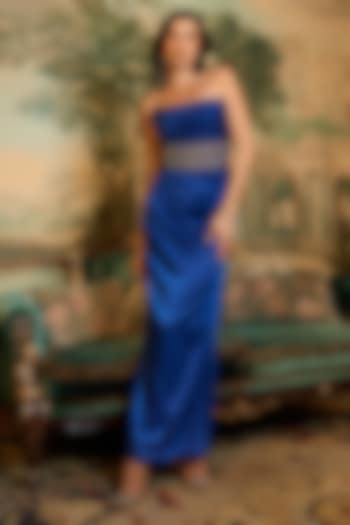 Electric Blue Imported Satin Crystal Embellished Gown by Vesture