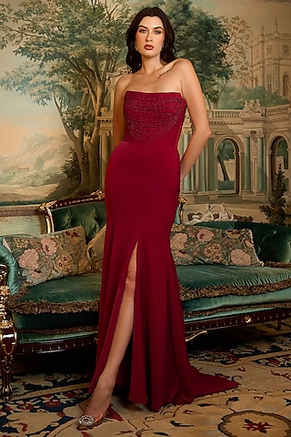 Deep Magenta Pink Scuba Georgette Crystal Embroidered Gown by Vesture