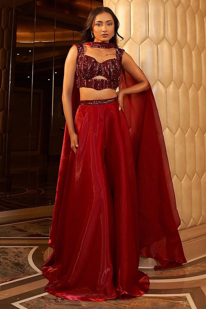Deep Red Metallic Shimmer Organza Flared Palazzo Pant Set by Vesture
