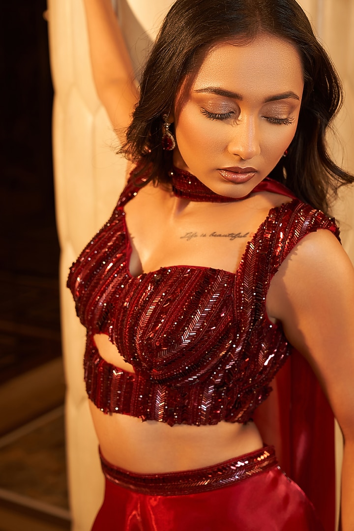 Deep Red Metallic Shimmer Organza Flared Palazzo Pant Set by Vesture at Pernia's Pop Up Shop