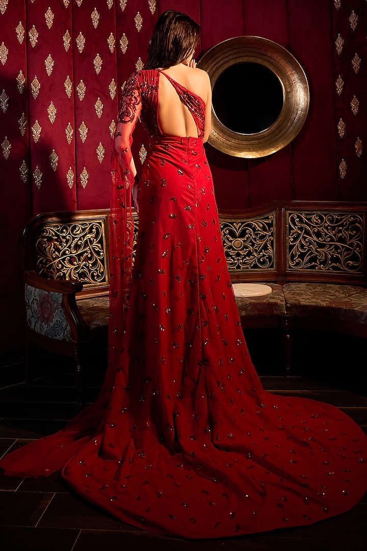 Red Delicate Tulle Hand Embroidered Wedding Gown by Vesture at Pernia's Pop Up Shop