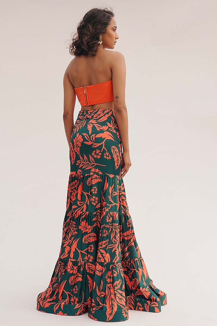 Orange & Green Armani Satin Floral Printed Co-Ord Set by Vesture at Pernia's Pop Up Shop