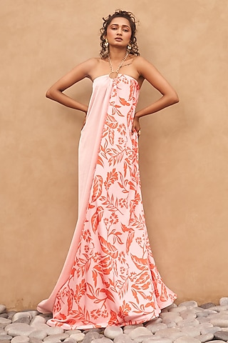 Pink Armani Satin Floral Printed Dress by Vesture
