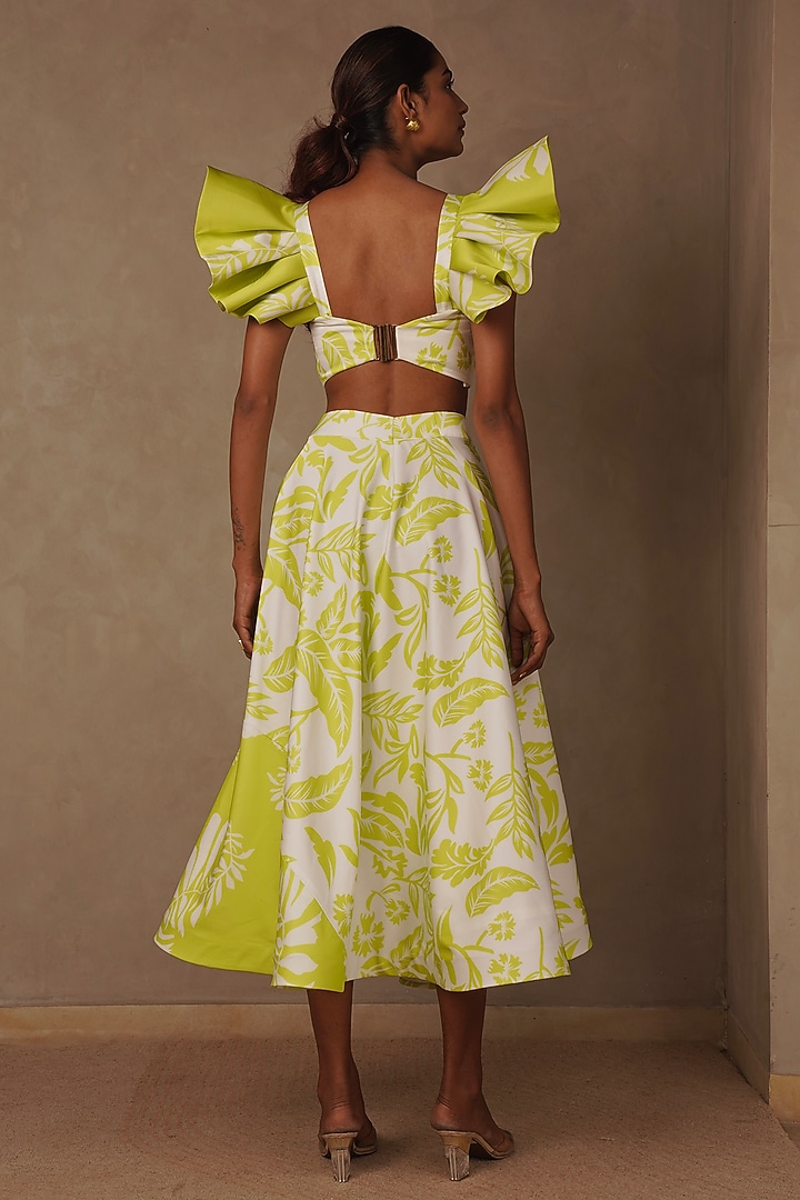 White & Green Armani Satin Floral Printed Co-Ord Set by Vesture at Pernia's Pop Up Shop