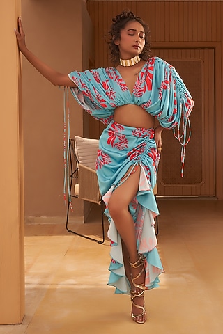 Sky Blue Armani Satin Floral Printed Co-Ord Set by Vesture