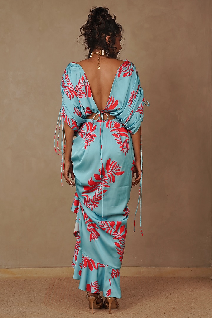 Sky Blue Armani Satin Floral Printed Co-Ord Set by Vesture at Pernia's Pop Up Shop