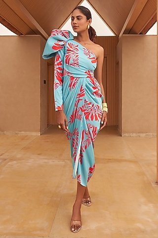 Sky Blue Armani Satin Floral Printed One-Shoulder Draped Dress by Vesture