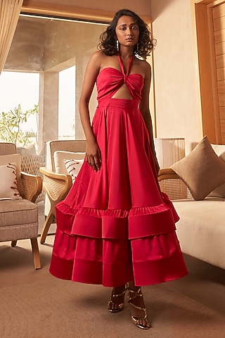 Hot Pink Armani Satin Layered Ankle Length Dress by Vesture