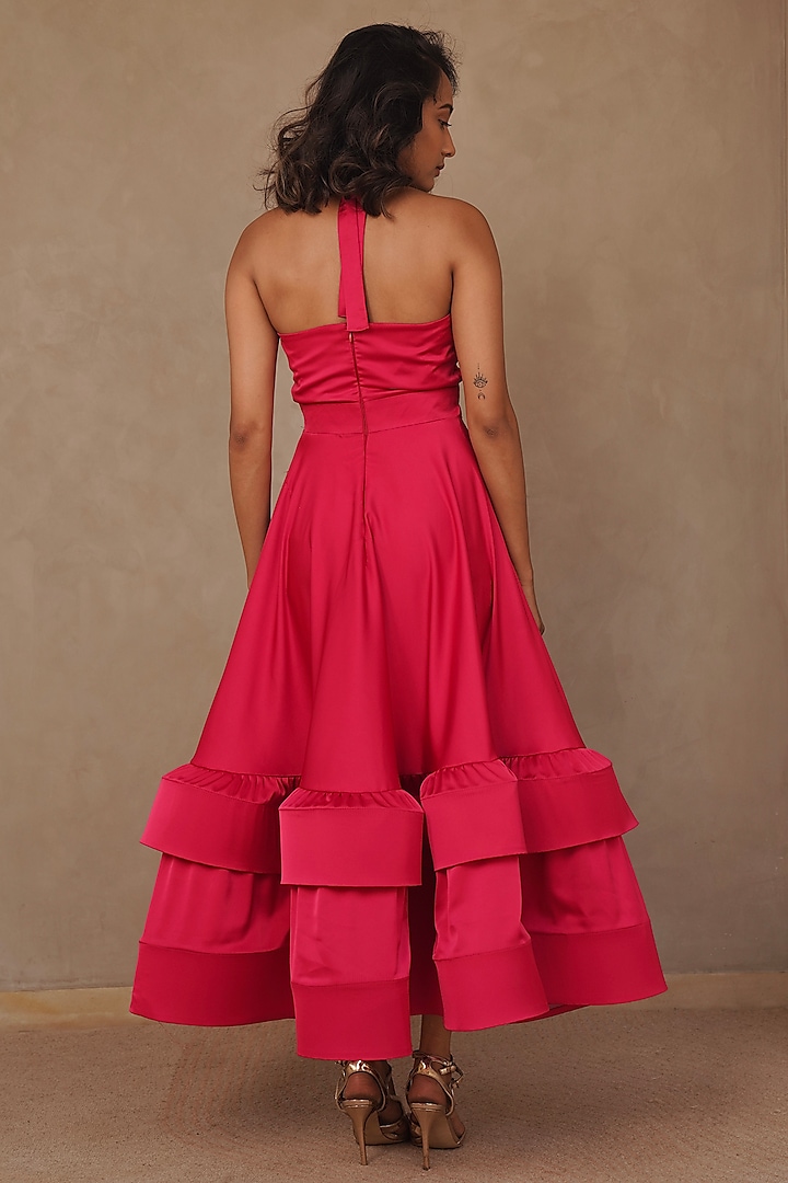 Hot Pink Armani Satin Layered Ankle Length Vacation Dress by Vesture at Pernia's Pop Up Shop