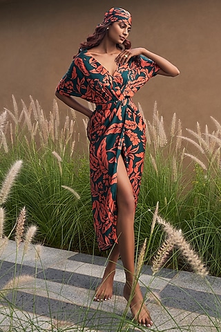 Green & Orange Armani Satin Floral Printed Draped Kaftan Dress by Vesture